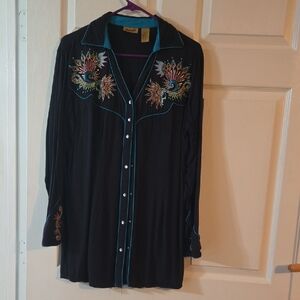 Wrangler Western Embroidered Shirt 100% Rayon Large,Snap Closure Blue Piping